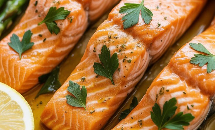 Easy Baked Salmon with Asparagus and Lemon Garlic Sauce